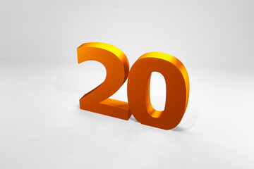 20 golden number 3d render on isolated white background