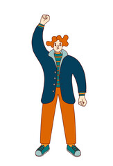 A young man leader raises his hand, supporting the protests. Flat design colorful illustration isolated on white.