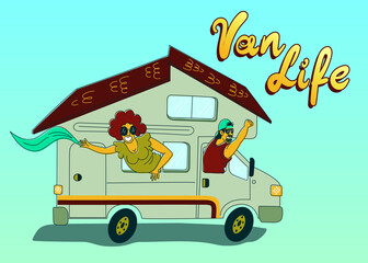 A couple of young free people in a motorhome drive home on wheels for their dream vacation is a real van life
