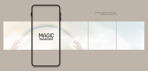 spiritual, abstract, mystic, magical Instagram social media carousel post. background with hands holding rainbow. concept of esotery, tarot, meditation © annaspoka