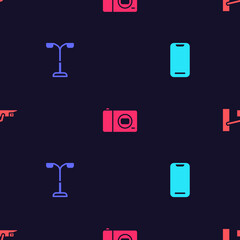 Set Smartphone, Street light, Photo camera and Security on seamless pattern. Vector
