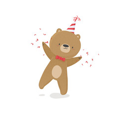 Festive illustration of a cartoon teddy bear in a party hat, happy birthday greeting