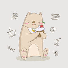 Festive Illustration of baby bear cartoon with a cake, Happy birthday Festive bear cartoon illustration with cake, sweet tooth