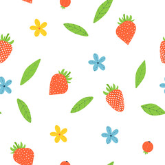 Pattern fresh strawberry, flower, leaves background food