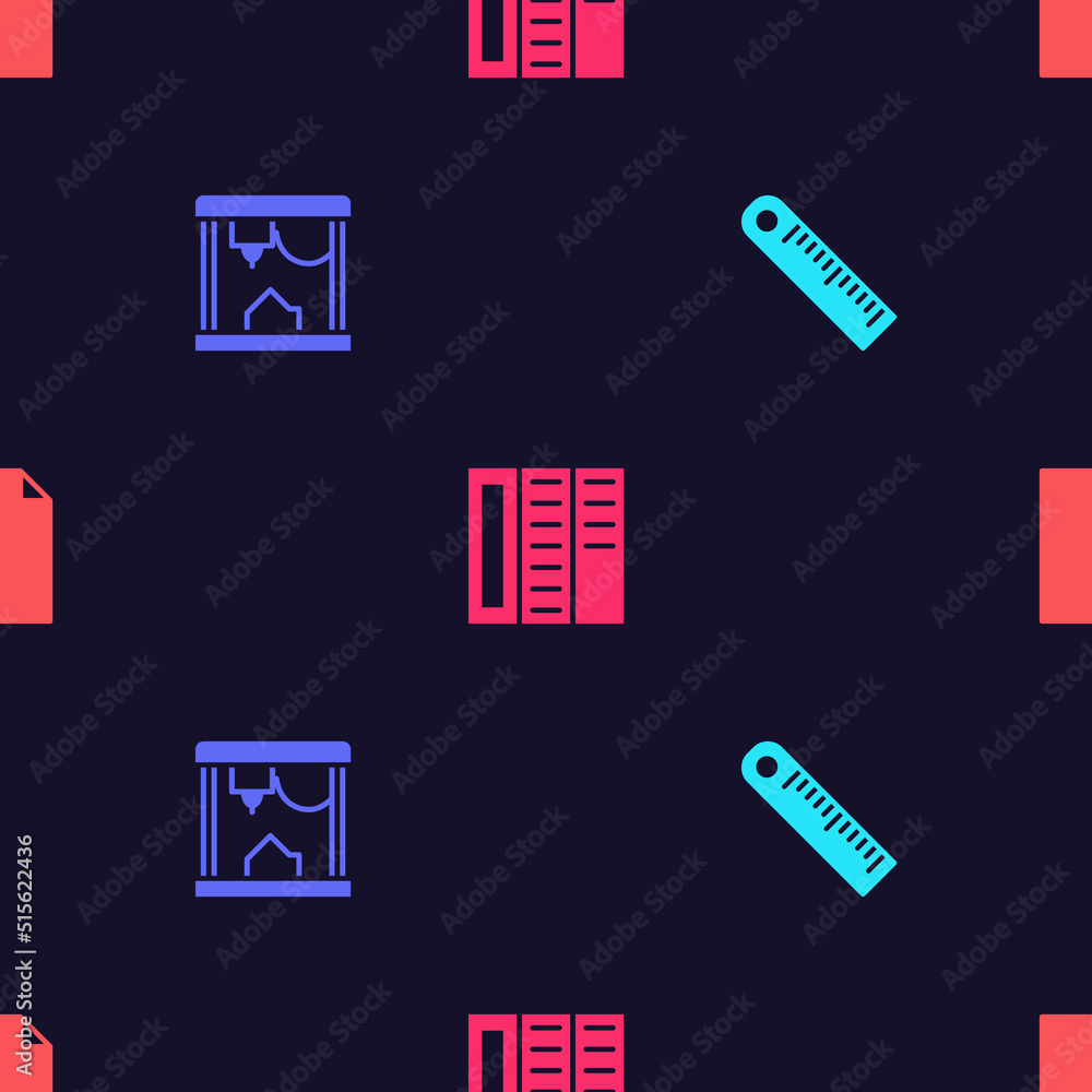 Poster set ruler, 3d printer, brochure and empty document on seamless pattern. vector