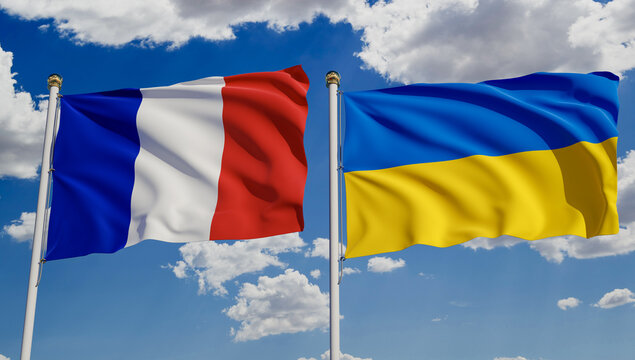 French and Ukrainian flags over blue sky. Concept of diplomacy, agreement, international relations, trading, business between France and Ukraine. 3D rendering.