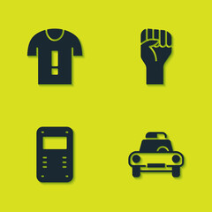 Set T-shirt protest, Police car and flasher, assault shield and Raised hand with clenched fist icon. Vector