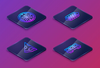 Set Isometric line Pizza, Slice of pizza, Hotdog sandwich and Sushi on cutting board. Blue square button. Vector