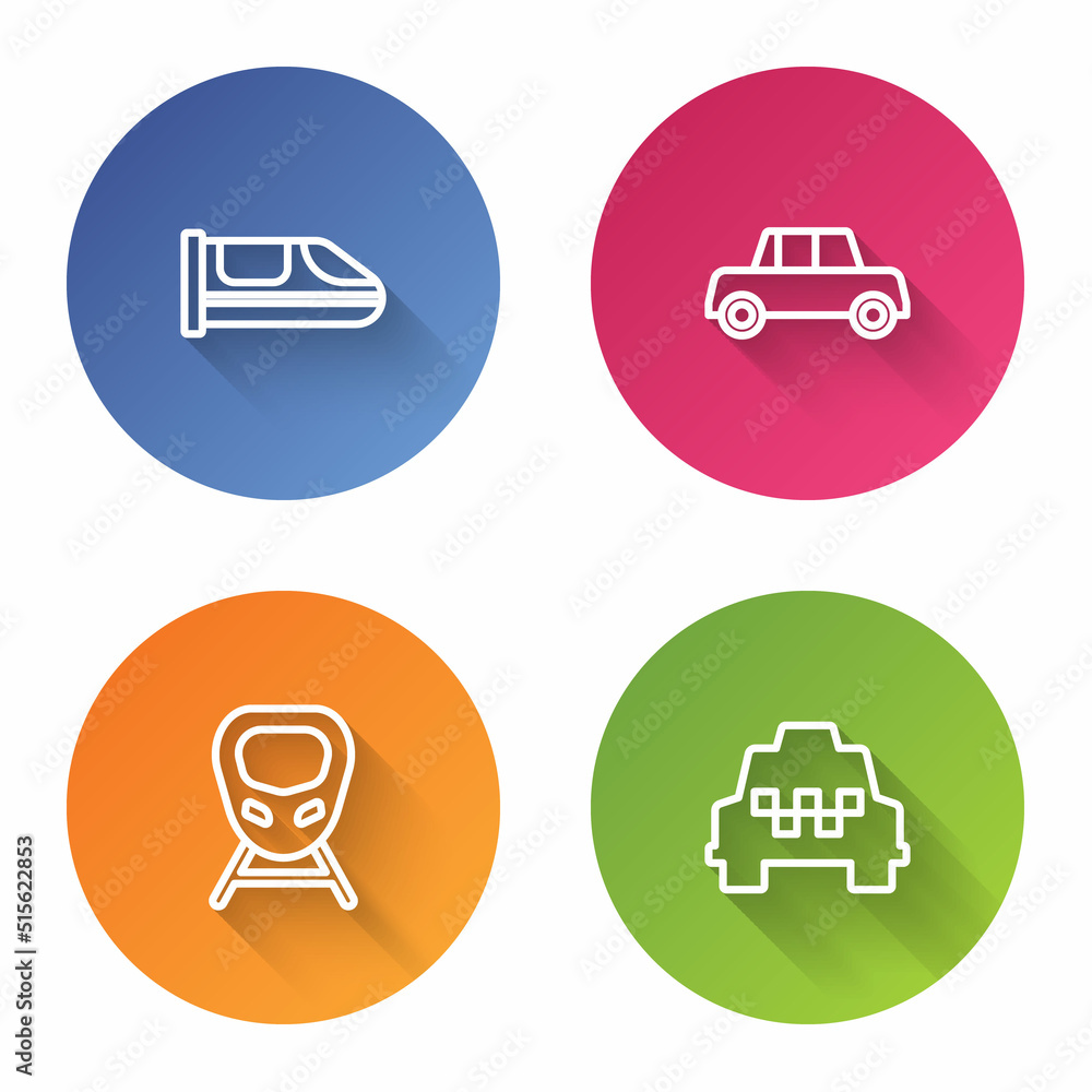 Sticker Set line High-speed train, Car, and Taxi car. Color circle button. Vector