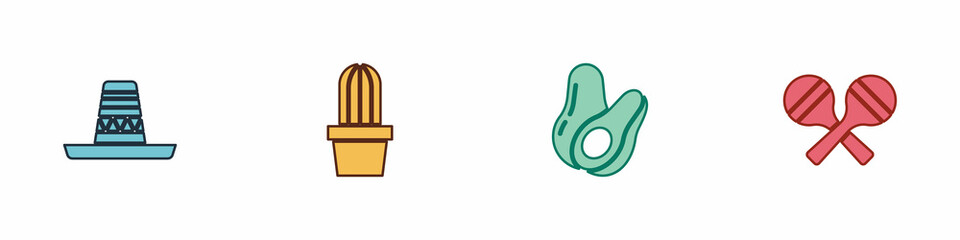 Set Mexican sombrero, Cactus or succulent in pot, Avocado fruit and Maracas icon. Vector