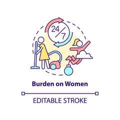 Burden on women concept icon. Increase responsibility. Social effect of overcrowding abstract idea thin line illustration. Isolated outline drawing. Editable stroke. Arial, Myriad Pro-Bold fonts used