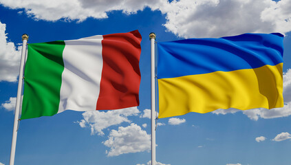 Italian and Ukrainian flags over blue sky. Concept of diplomacy, agreement, international relations, trading, business between Italy and Ukraine. 3D rendering.