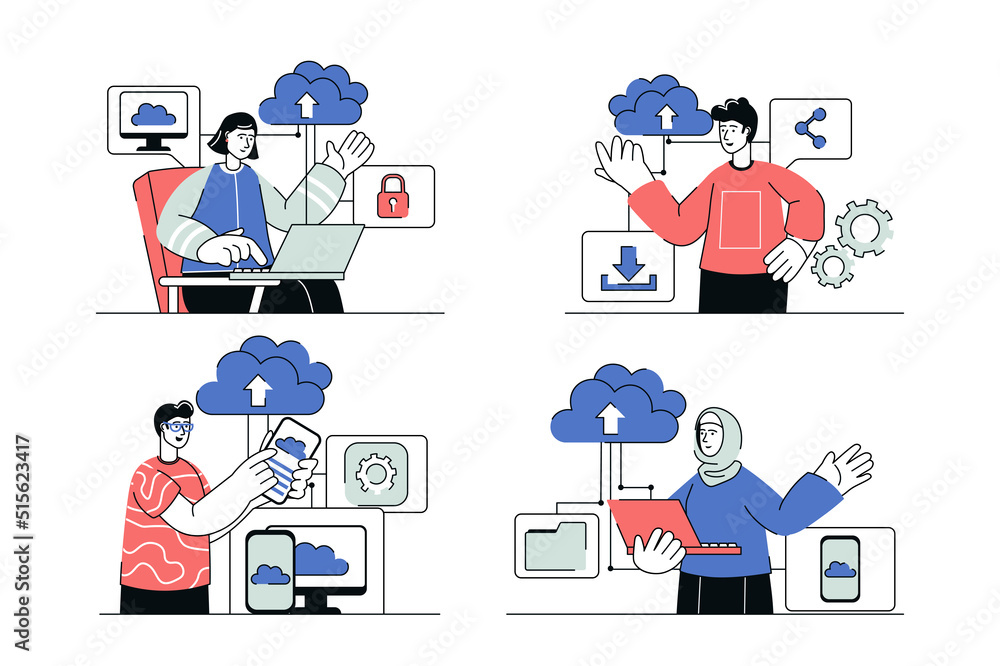 Poster cloud computing concept set in flat line design. men and women use cloud storage server to backup pe