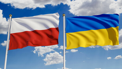 Polish and Ukrainian flags over blue sky. Concept of diplomacy, agreement, international relations, trading, business between Poland and Ukraine. 3D rendering.