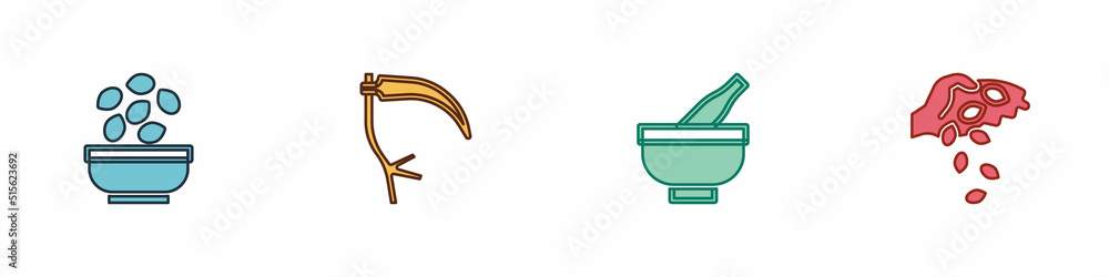 Wall mural set seeds in bowl, scythe, mortar and pestle and icon. vector