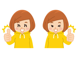 サムズアップする若い女性　グッド　いいね