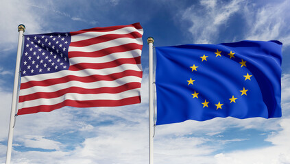 American and EU flags over blue sky. Concept of diplomacy, agreement, international relations, trading, business between USA and European Union. 3D rendering.