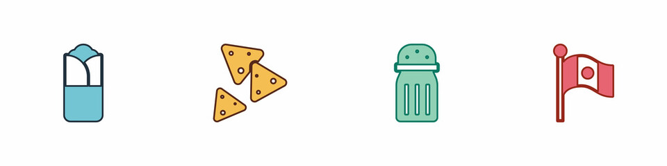 Set Burrito, Nachos, Salt and Mexico flag icon. Vector