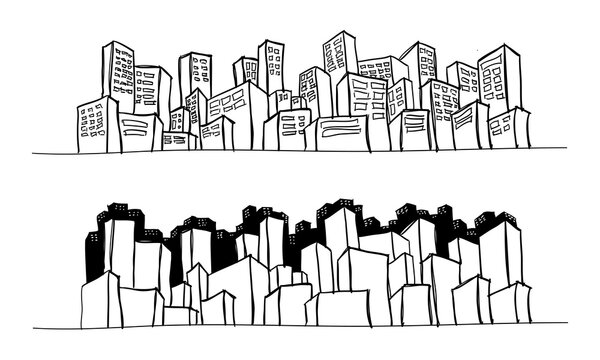 Hand drawn Cityscape, Doodle style hand drawing. Vector illustration