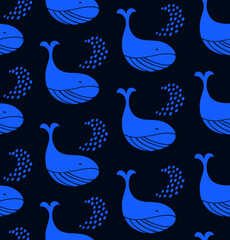 Blue seamless pattern with decorative whales. Vector childish background, cute ocean - 515624214
