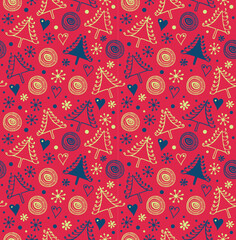 Christmas colorful background. Seamless holiday pattern. Decorativevector  xmas texture with snowflakes and spruses