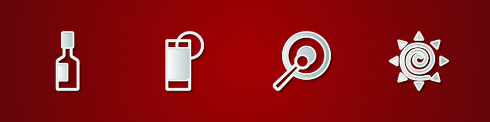 Set Tabasco sauce, Tequila glass with lemon, Gong and Sun icon. Vector