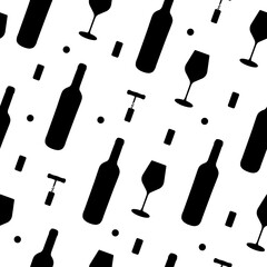 Seamless pattern with silhouette of glass, bottle of wine, corkscrew and stopper.