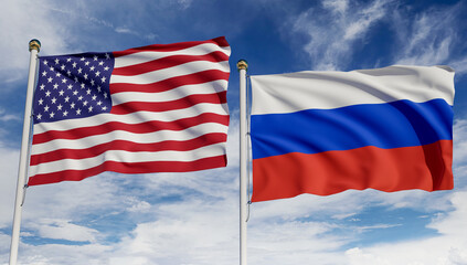 Fototapeta premium American and Russian flags over blue sky. Concept of diplomacy, agreement, international relations, trading, business between USA and Russia. 3D rendering.