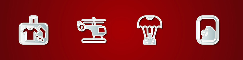 Set Suitcase, Helicopter, Parachute and Airplane window icon. Vector