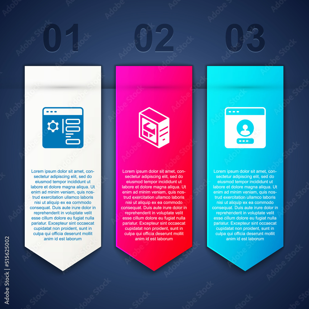 Aufkleber set browser setting, computer and create account screen. business infographic template. vector