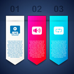 Set Live stream, Speaker volume and Repeat button. Business infographic template. Vector