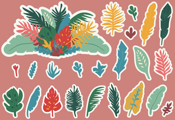 tropical leaf stickColorful organic shape leaves stickers collection. Funny basic shapes, random childish doodle cutouts of tropical leaf, hand and decorative abstract art on isolated background. Reer