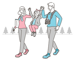 Vector illustration of a family of three - father, mother and daughter - taking a walk in the park.