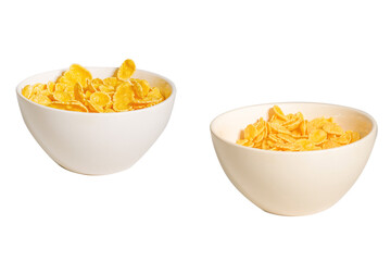 Corn flakes falling to the white bowl. Motion.