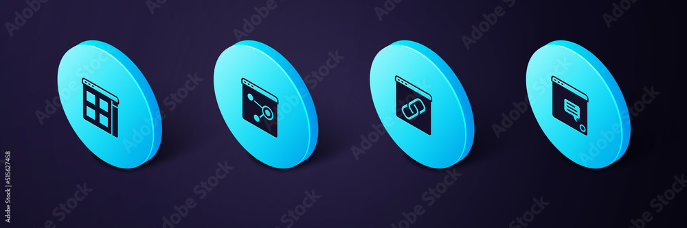 Poster set isometric new chat messages notification, browser window, and files icon. vector