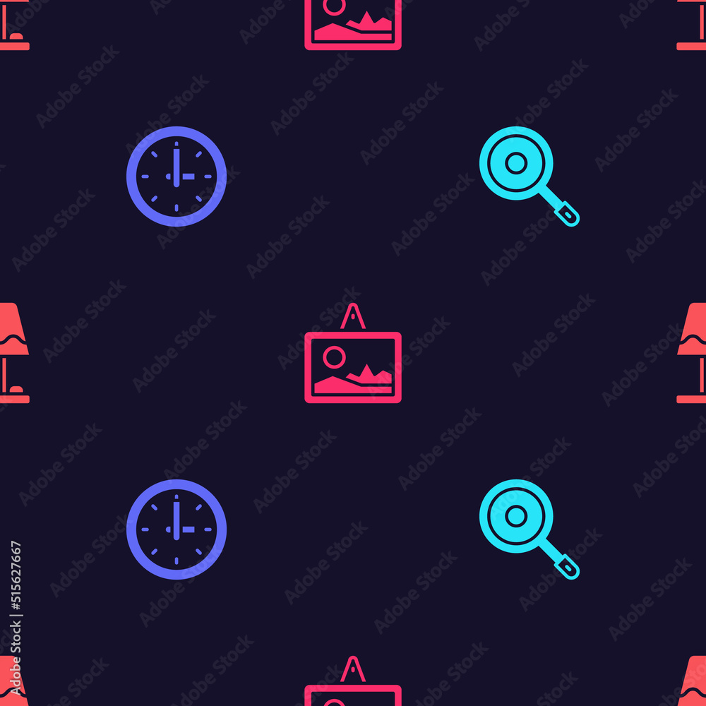Poster set frying pan, clock, picture and table lamp on seamless pattern. vector