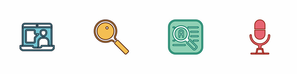 Set Foreign language online study, Magnifying glass, Translator and Microphone voice device icon. Vector