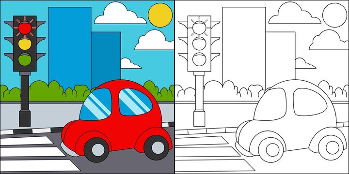 Car stop at traffic lights suitable for children's coloring page vector illustration