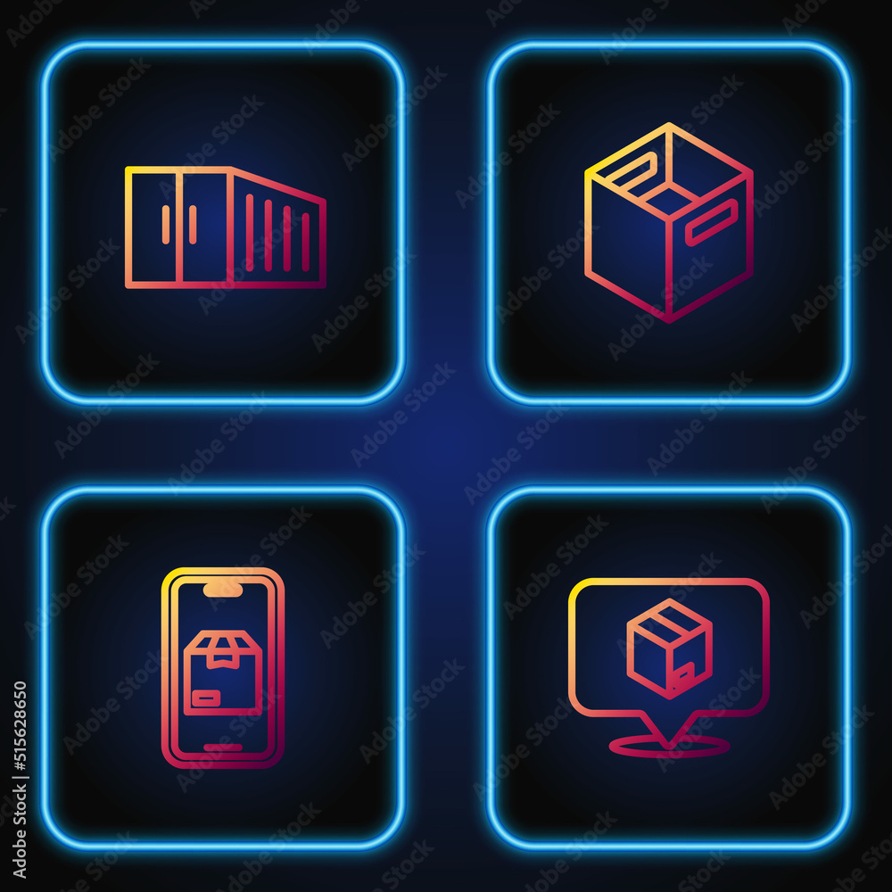 Poster set line location with cardboard box, mobile app delivery tracking, container and carton. gradient c