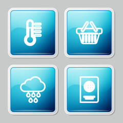 Set line Thermometer, Shopping basket, Cloud with rain and Passport icon. Vector