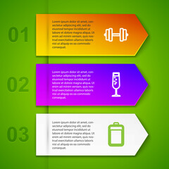 Set line Dumbbell, Glass of champagne, Battery and Speaker mute. Business infographic template. Vector