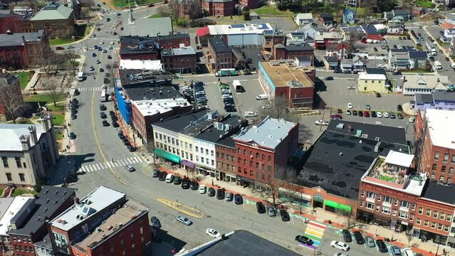 Aerial pan of Northampton, Massachusetts, United States on a busy morning 4K