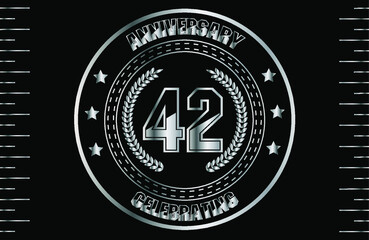 Fototapeta na wymiar 42th silver anniversary logo with ring. Silver anniversary laurel wreath.