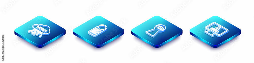 Poster set isometric line cloud vpn interface, please do not disturb, keyhole with eye and monitor password