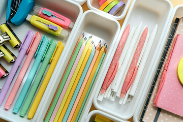 Stylish colored stationery in pastel colors is arranged in white organizers. Creative Drawer...