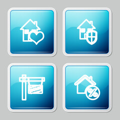 Set line House with heart shape, under protection, Hanging sign Sold and percant icon. Vector