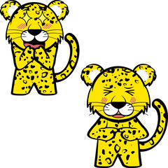 standing chibi leopard kid character cartoon expressions pack collection in vector format
