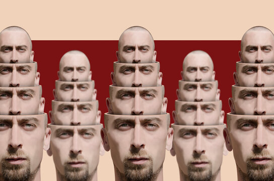 Digital collage with surrealistic divided man's head	