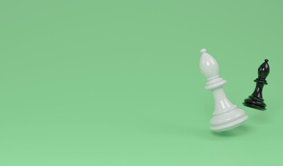 3D illustration black and white bishop on green background for copy space , 3D rendering object chess concept