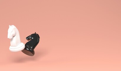 3D illustration black and white knight on orange background for copy space , 3D rendering object chess concept